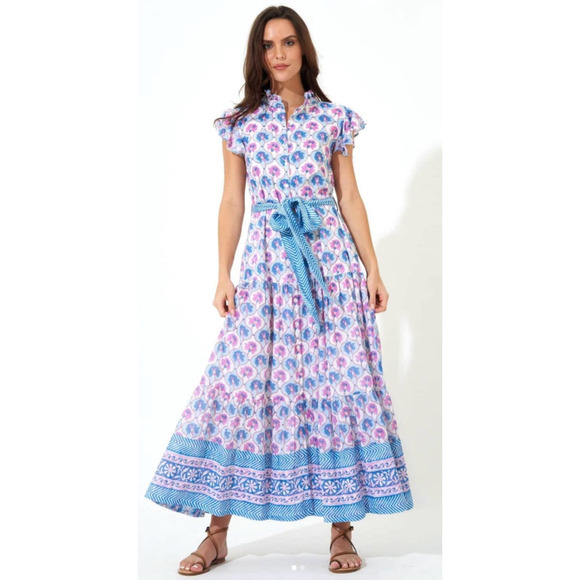 Oliphant Ruffle Collar Button Maxi Midi Dress Cotton Tie...